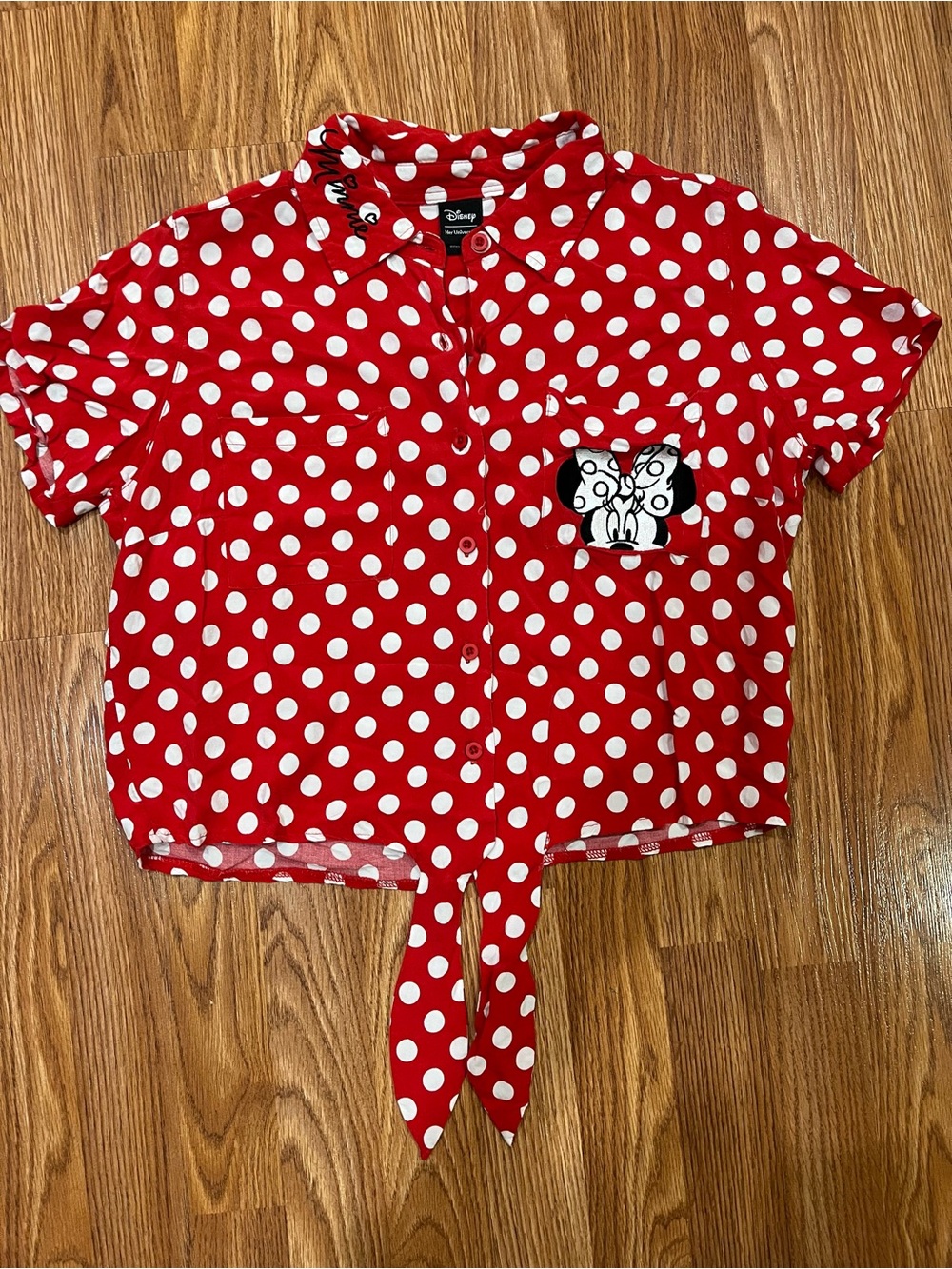 Disney Red Polka Dot Tie-Front Shirt. Size small